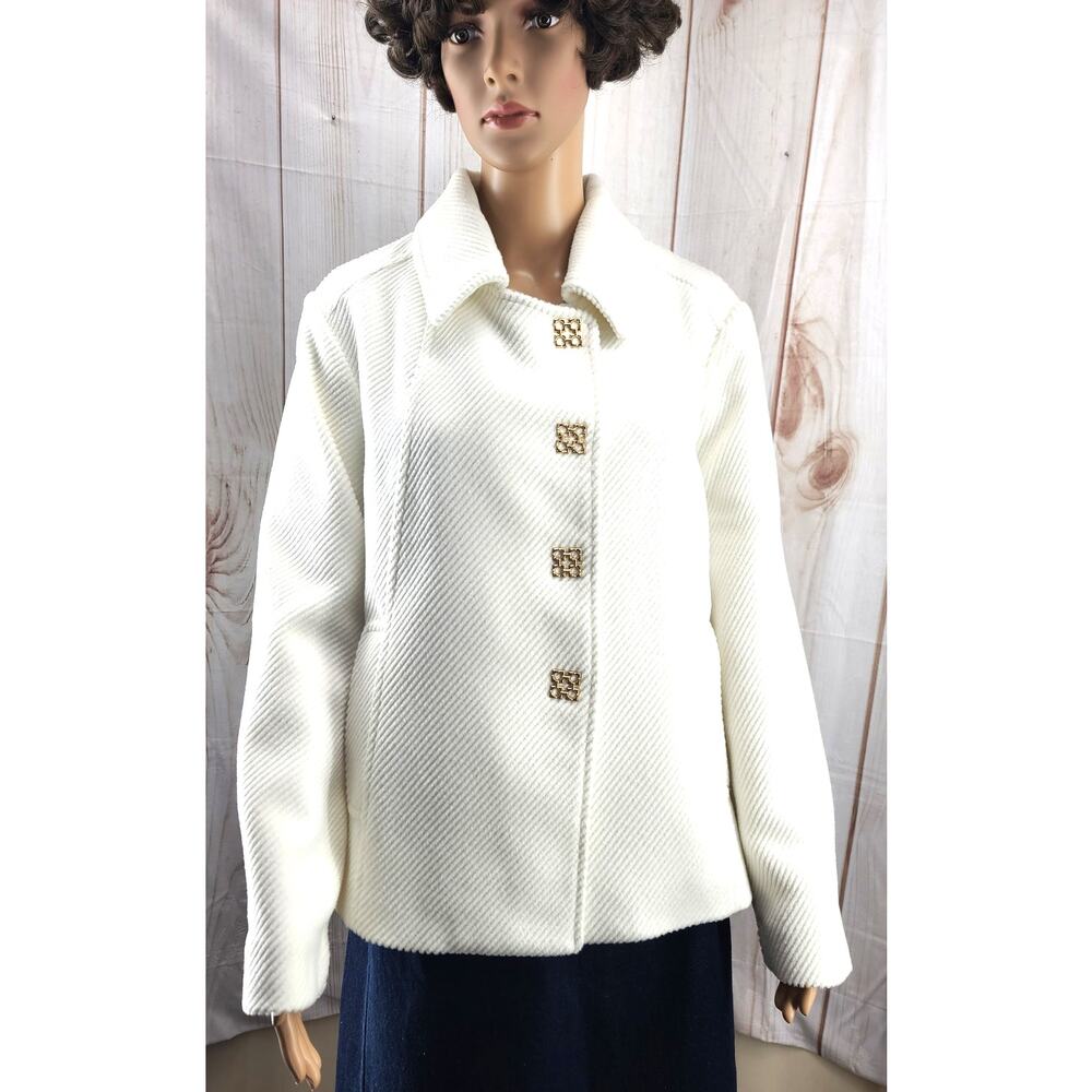 Chico's Women 3 (XL US) White Corduroy Textured Peacoat Gold Snap Button Close